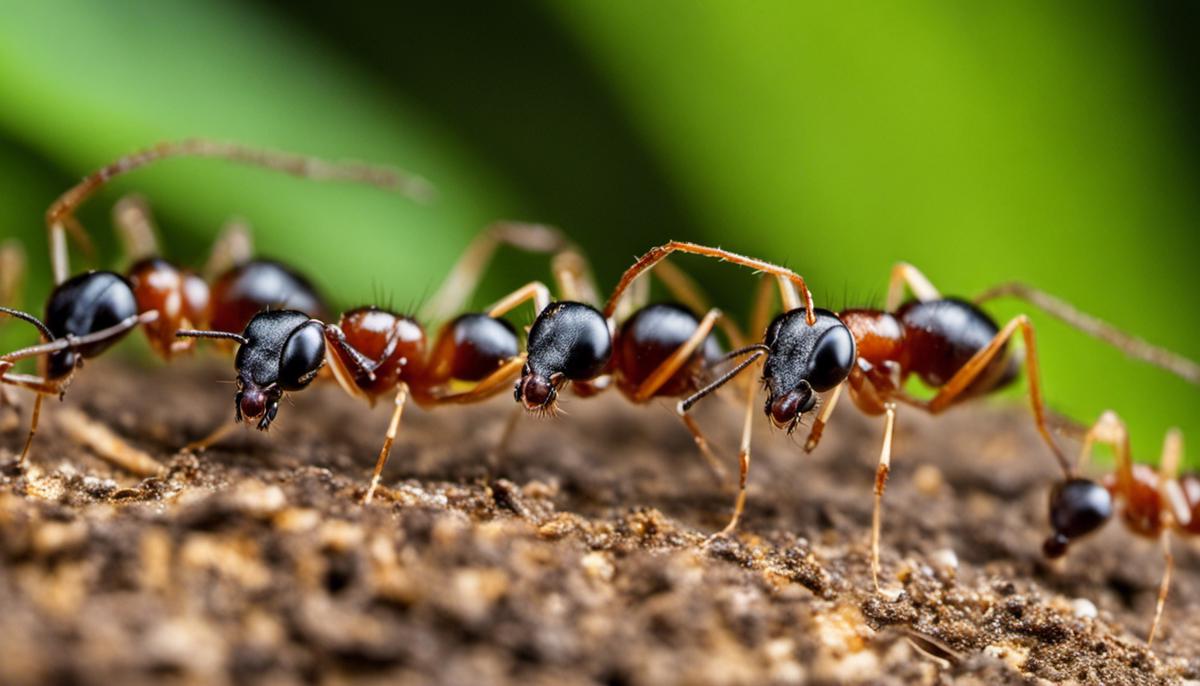 A close-up image of ants exploring a trail of food, demonstrating their behavior in foraging and communicating using pheromones.
