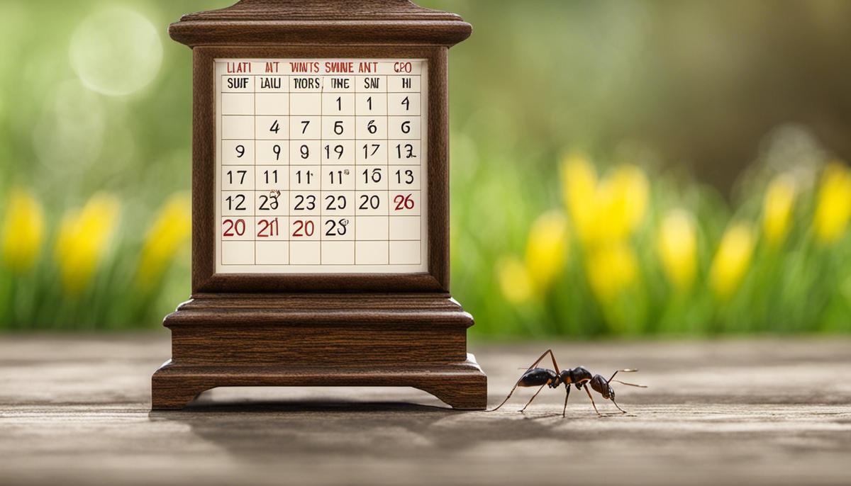 An image illustrating proper timing for ant control, showing a calendar with the months of late spring and early summer highlighted.