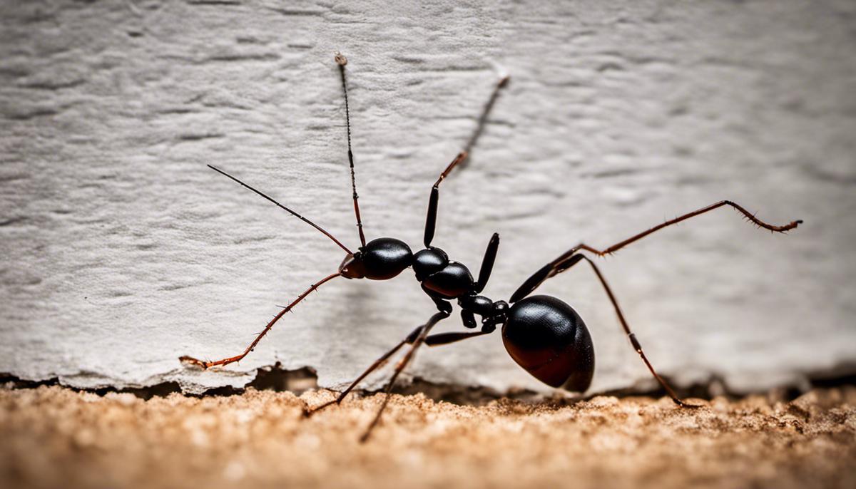 Image of a small crack in a wall with an ant crawling through, representing ant entry points