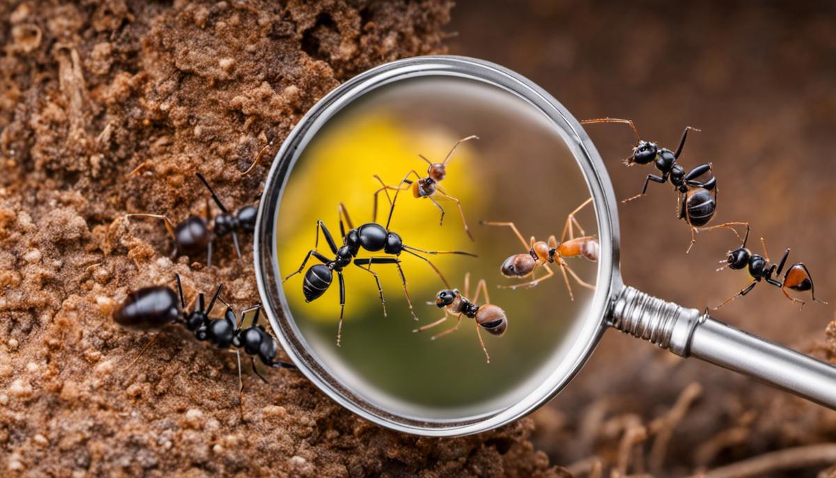 Image description: Picture of ants and a magnifying glass, representing understanding the types of ants and their behavior