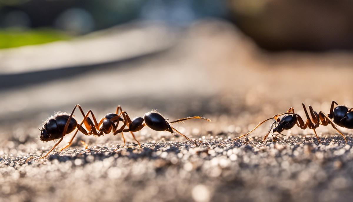 Image depicting pavement ants searching for food on a sidewalk.