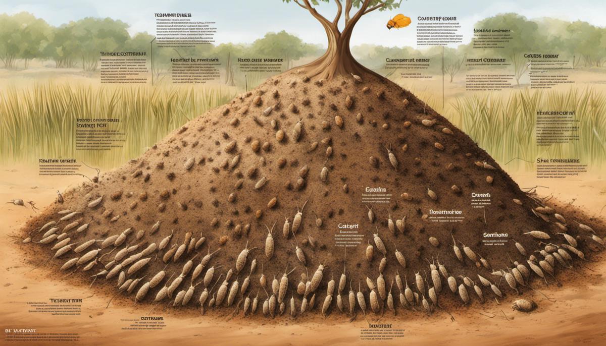 Illustration of termites and their behavior, showing a termite mound with labeled castes and their roles.