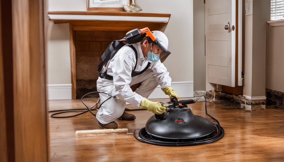Image depicting a pest control professional treating a termite infestation in a house