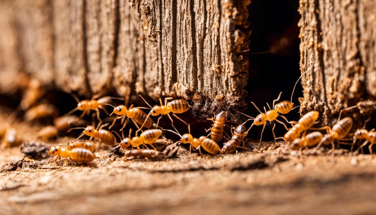 A close-up image of a termite infestation, illustrating the damage caused to wood.