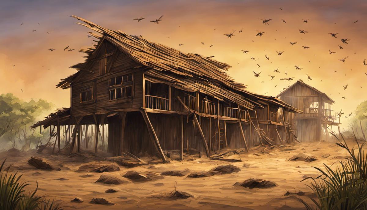 Illustration representing a termite infestation with damaged wooden structures