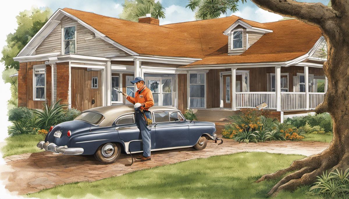 Illustration of a termite inspection process, showing a professional inspecting a residential property for signs of termite infestation.