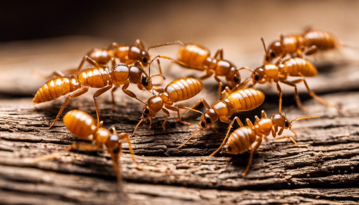 A close-up image of termites crawling on wood.