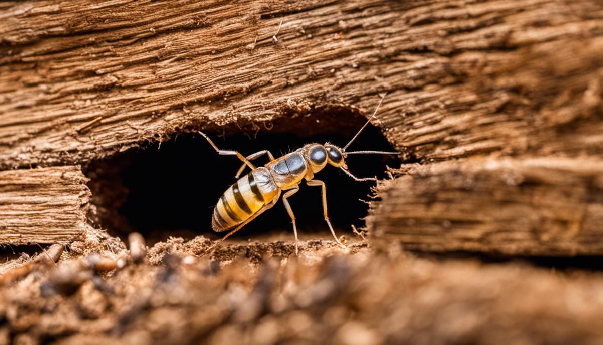 Image depicting different methods of termite control including termite baits, soil treatments, and wood treatments.
