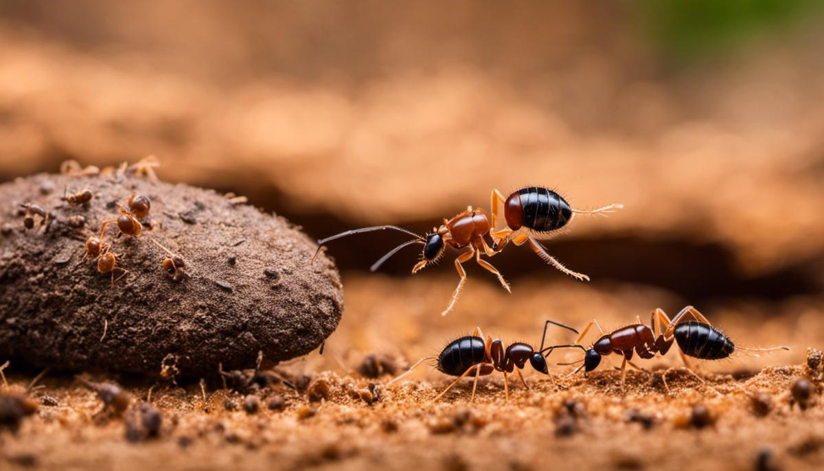 An image showing the biology and behavior of termites, with ants and a termite mound in the background.