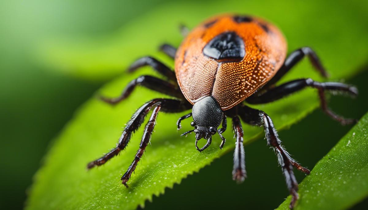 An image showing a tick crawling on a leaf in a forest, representing the connection between ticks and the ecosystem.